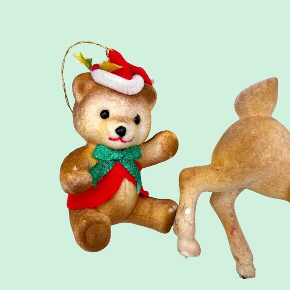 ADORABLE VINTAGE LOT OF 4 CHRISTMAS TREE ORNAMENTS FLOCKED REINDEER & BEAR - Picture 3 of 7
